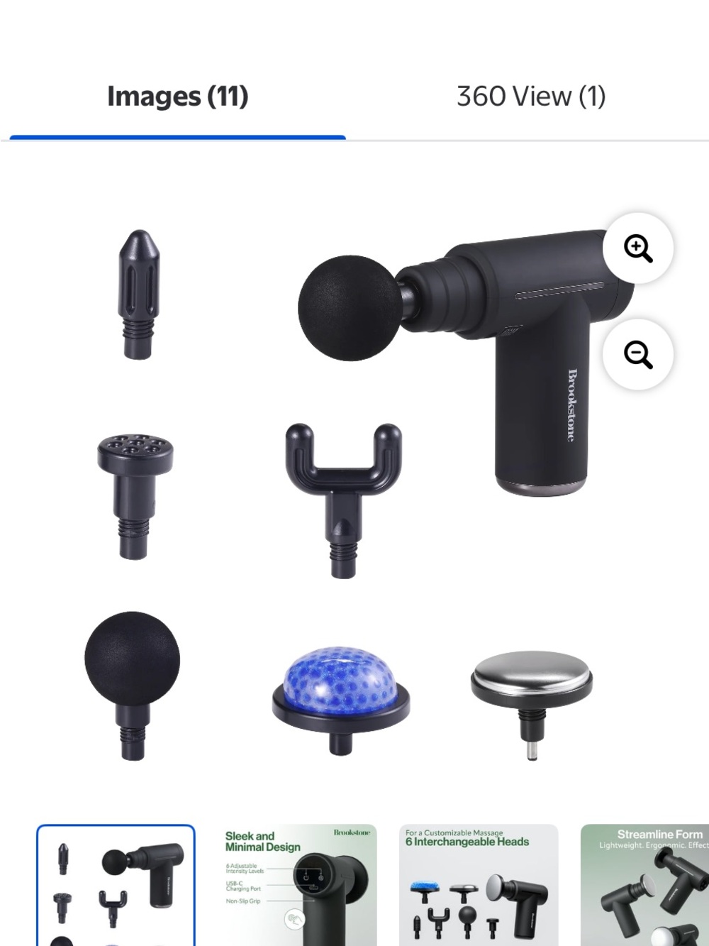 Brookstone Black Percussion Massage Gun with Six Interchangeable Heads